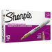 A purple and white box of 12 Sharpie Gold Metallic Bullet Tip Permanent Markers.