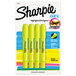 A package of Sharpie fluorescent yellow gel pen style highlighters with white tags.