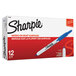 A box of 12 Sharpie blue fine point retractable permanent markers.