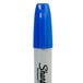 A blue Sharpie permanent marker with a chisel tip.