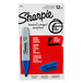 A close up of a blue Sharpie box with a label that reads "Sharpie Blue Chisel Tip Permanent Marker 12/Pack"