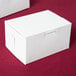 Two white 5 1/2" x 4" x 3" bakery boxes with lids on a red surface.