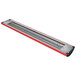 A red and silver Hatco curved infrared food warmer with a long rectangular light above a shelf.