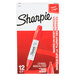 A white and red box of 12 Sharpie red permanent markers.