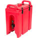 A red plastic Cambro Camtainer with black handles and a lid.