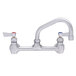 A white chrome Fisher wall mounted faucet with lever handles and an 8" swing nozzle.