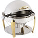 A Bon Chef stainless steel round chafer with brass accents and a vented lid.