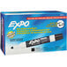 A blue box of Expo black dry erase markers with a black marker on it.