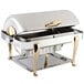A silver and gold Bon Chef rectangle chafing dish with a roll top lid.
