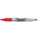 A red and white Sharpie Twin-Tip marker with fine and ultra-fine points.