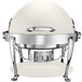 A white round Bon Chef chafer with chrome accents.