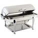 A Bon Chef stainless steel rectangle chafer with a lid and chrome accents.