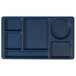 A blue rectangular Cambro serving tray with six compartments.