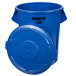 A blue Rubbermaid plastic trash can with a lid.