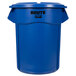 A blue plastic Rubbermaid BRUTE trash can with lid.