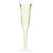 A Fineline clear plastic champagne flute filled with yellow liquid.