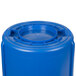 A blue Rubbermaid BRUTE plastic container with a lid.