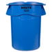 A blue Rubbermaid BRUTE trash can with lid.