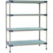 A MetroMax 4 stationary shelving unit with four metal shelves.