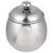 A Vollrath stainless steel sugar bowl with a silver lid.