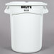 A white plastic Rubbermaid BRUTE container with a lid.