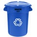 A blue Rubbermaid BRUTE recycling can with a recycle symbol on it.