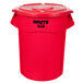 A red Rubbermaid BRUTE 55 gallon round plastic trash can with lid.