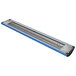 A long blue and silver rectangular food warmer with LED lights.