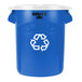 A blue Rubbermaid recycling can with white text reading "BRUTE" and a white lid.