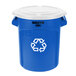 A blue Rubbermaid BRUTE recycling can with a white lid.