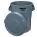A gray Rubbermaid BRUTE 55 gallon plastic trash can with lid open.