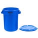 A blue plastic Rubbermaid trash can with a lid.