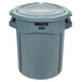 A Rubbermaid Brute 20 gallon grey plastic trash can with lid.