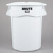 A white Rubbermaid BRUTE trash can with lid and black text.