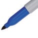 A close-up of a blue Sharpie pen with a black tip.