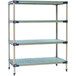 A MetroMax 4 stationary shelving unit with 4 shelves.
