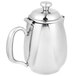 A Vollrath stainless steel creamer with a lid on a white background.