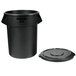 A black plastic Rubbermaid BRUTE trash can with lid.