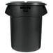 A black Rubbermaid Brute 55 gallon round plastic trash can with a lid.