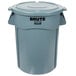 A gray Rubbermaid BRUTE round plastic trash can with the word "brute" on it.