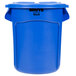 A blue Rubbermaid BRUTE 20 gallon round trash can with a lid.