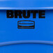 A blue Rubbermaid Brute trash can with a black label.