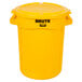 A yellow Rubbermaid BRUTE 32 gallon round trash can with a lid.