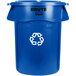 A blue Rubbermaid BRUTE recycling can with a white recycle symbol on it.