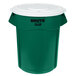 A green Rubbermaid BRUTE large trash can with a white lid.
