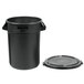 A black Rubbermaid plastic round trash can with a lid.