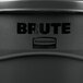 A close up of a black Rubbermaid BRUTE trash can with lid and handle.