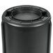 A black Rubbermaid BRUTE round plastic container with lid.