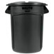 A black Rubbermaid BRUTE round plastic trash can with lid.
