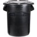 A black Rubbermaid BRUTE round trash can with a lid.